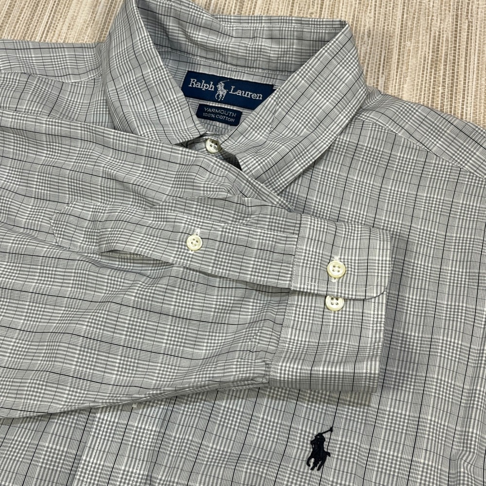 Ralph Lauren Yarmouth Button Down Shirt Mens Gray Plaid Long‎ Sleeve Sz 16 34/35